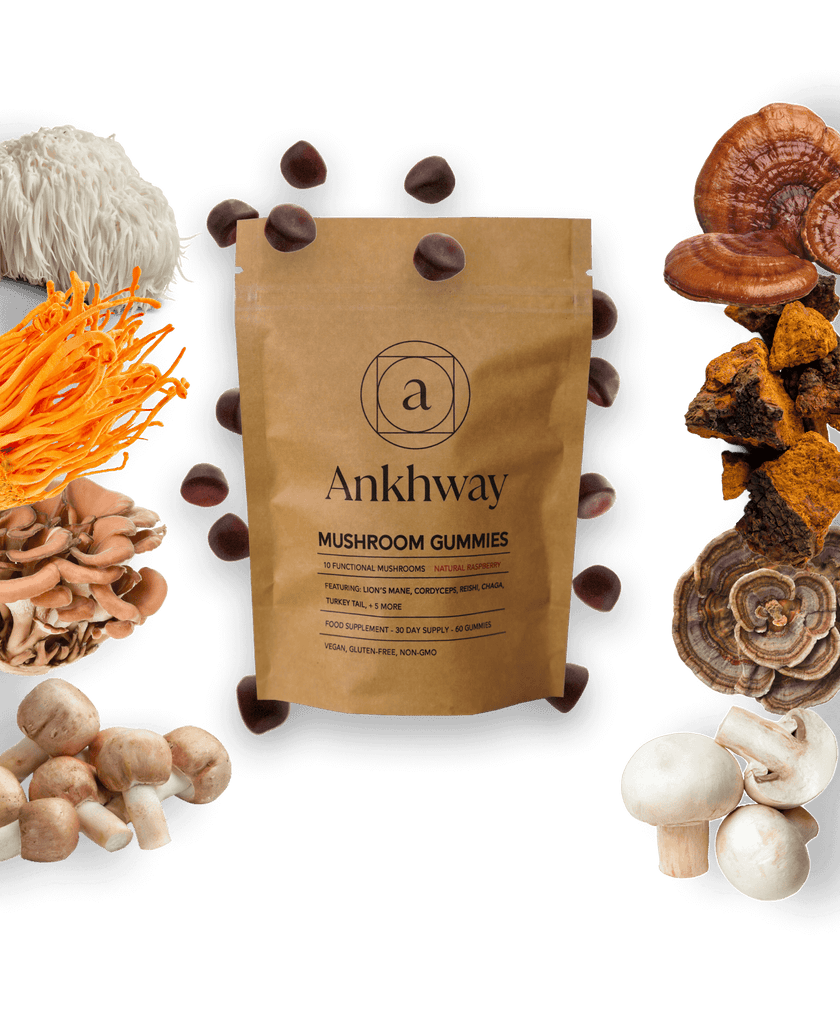 Brown bag of mushroom gummies surrounded by mushrooms