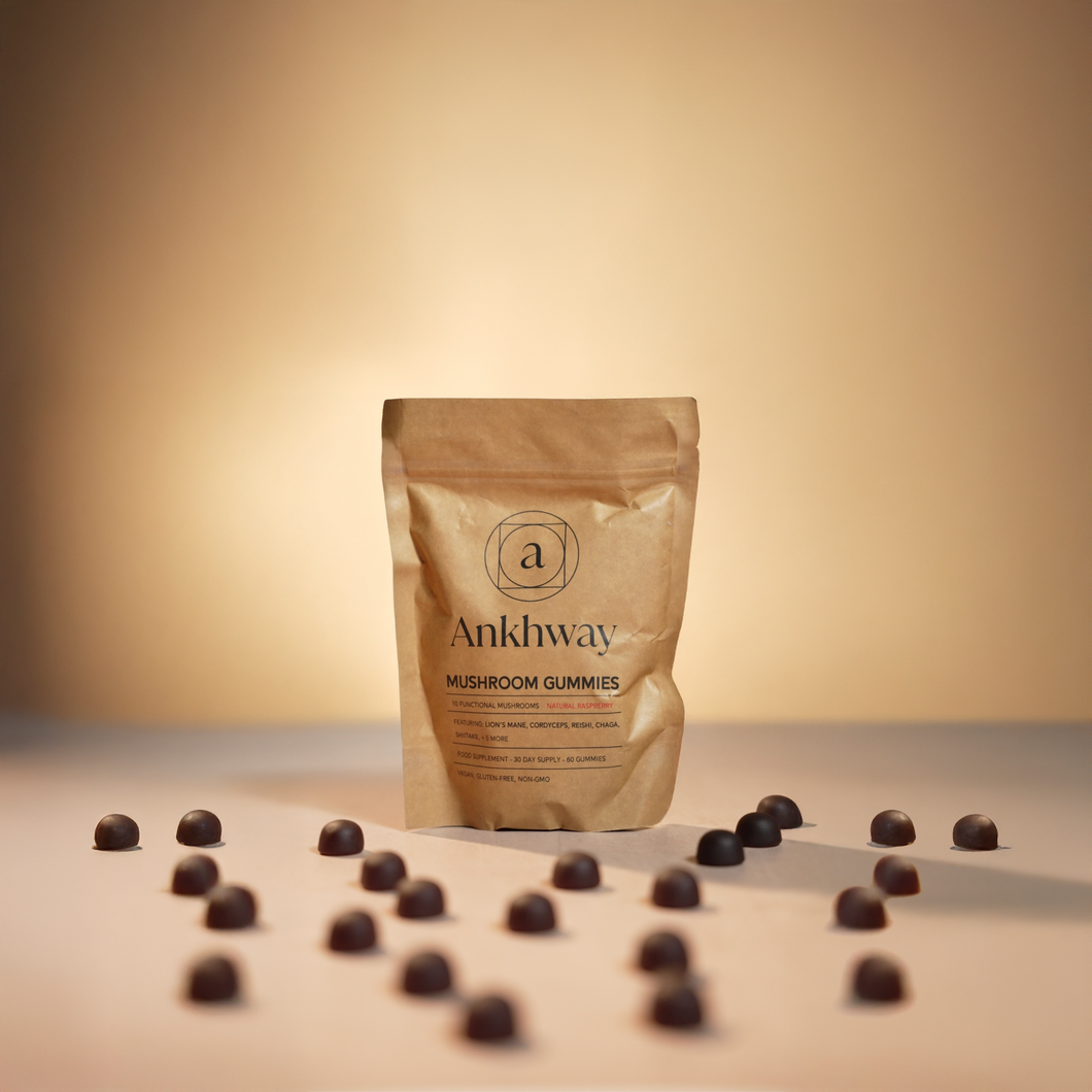 A bag of Ankhway mushroom gummies