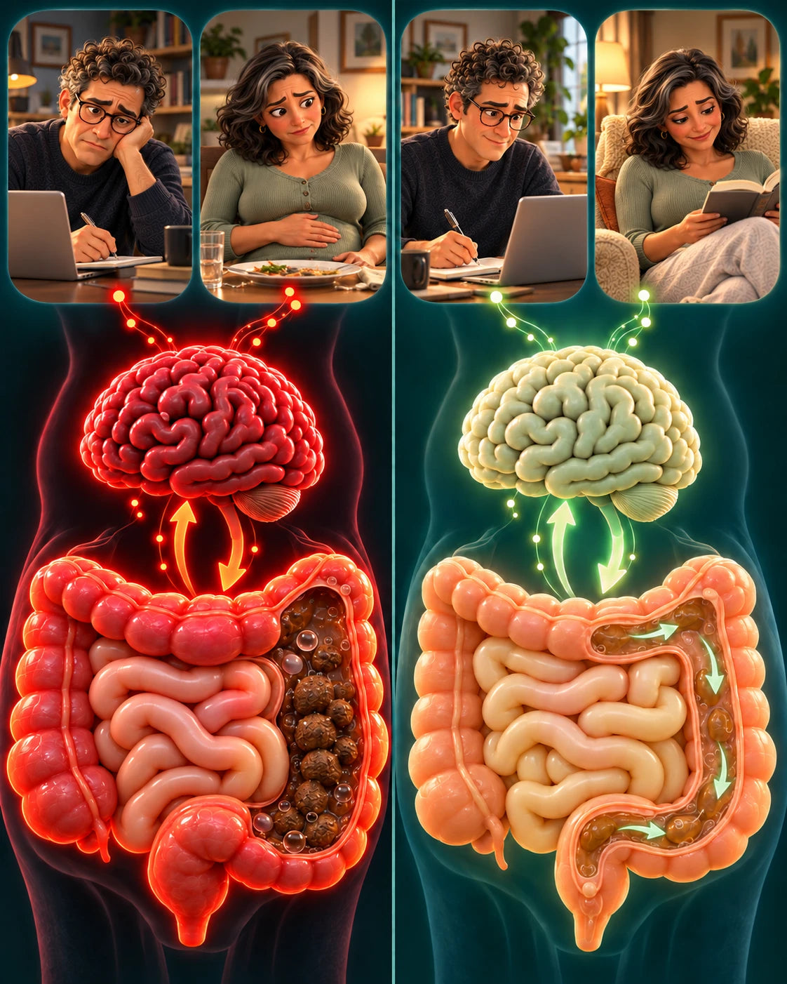Illustration: the gut and brain connected; on the left a strained gut and brain, on the right a calm one