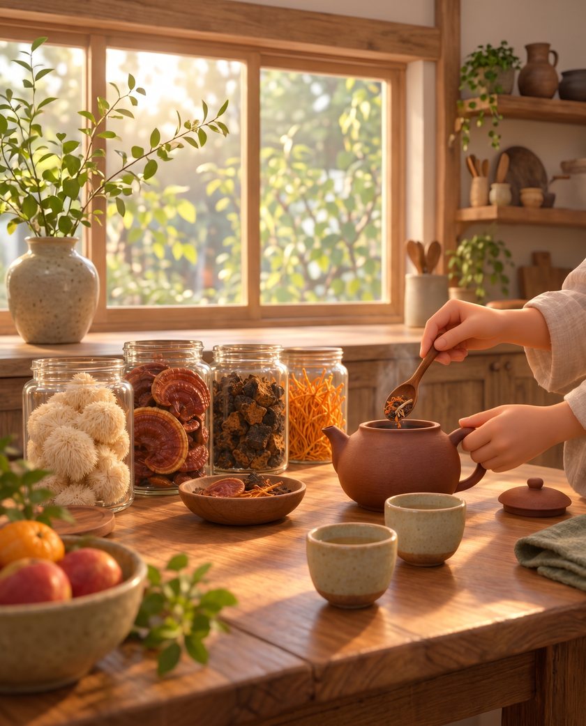 A kitchen with jars of dried mushrooms and a teapot