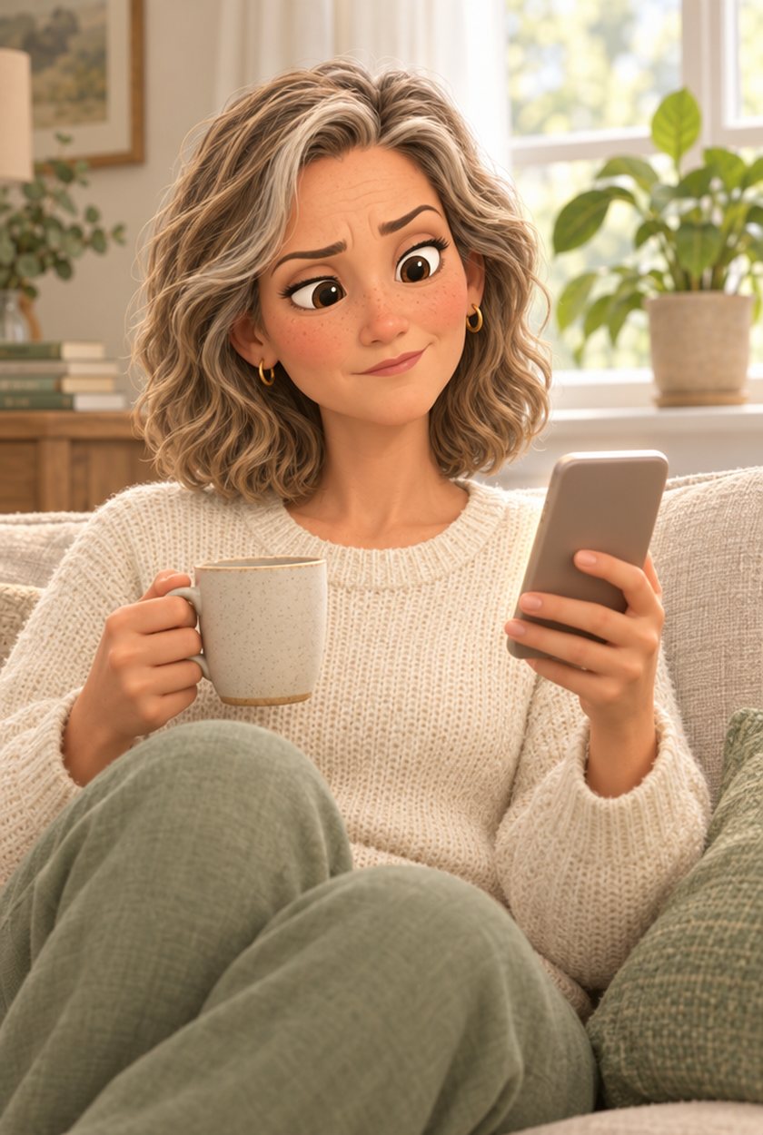 Jo on the sofa, looking at her phone with a sceptical face, tea in hand
