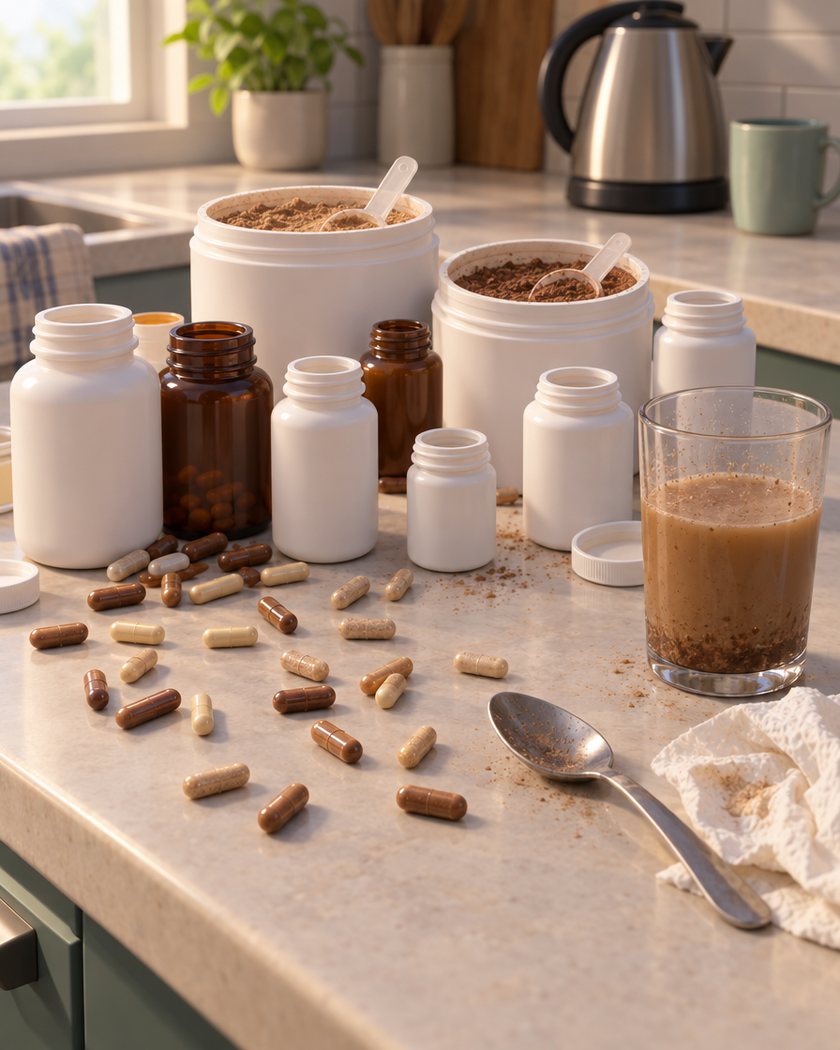 A kitchen counter crowded with open capsule bottles, spilled capsules, tubs of powder and a murky drink