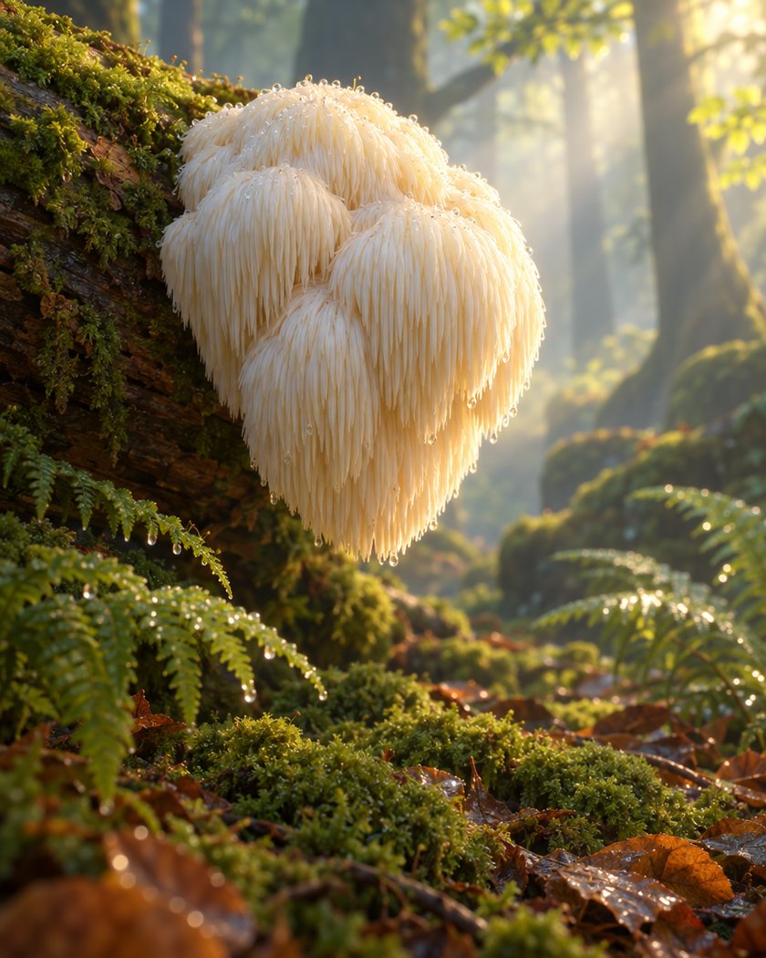 A wild lion's mane mushroom growing on a mossy log in a misty forest