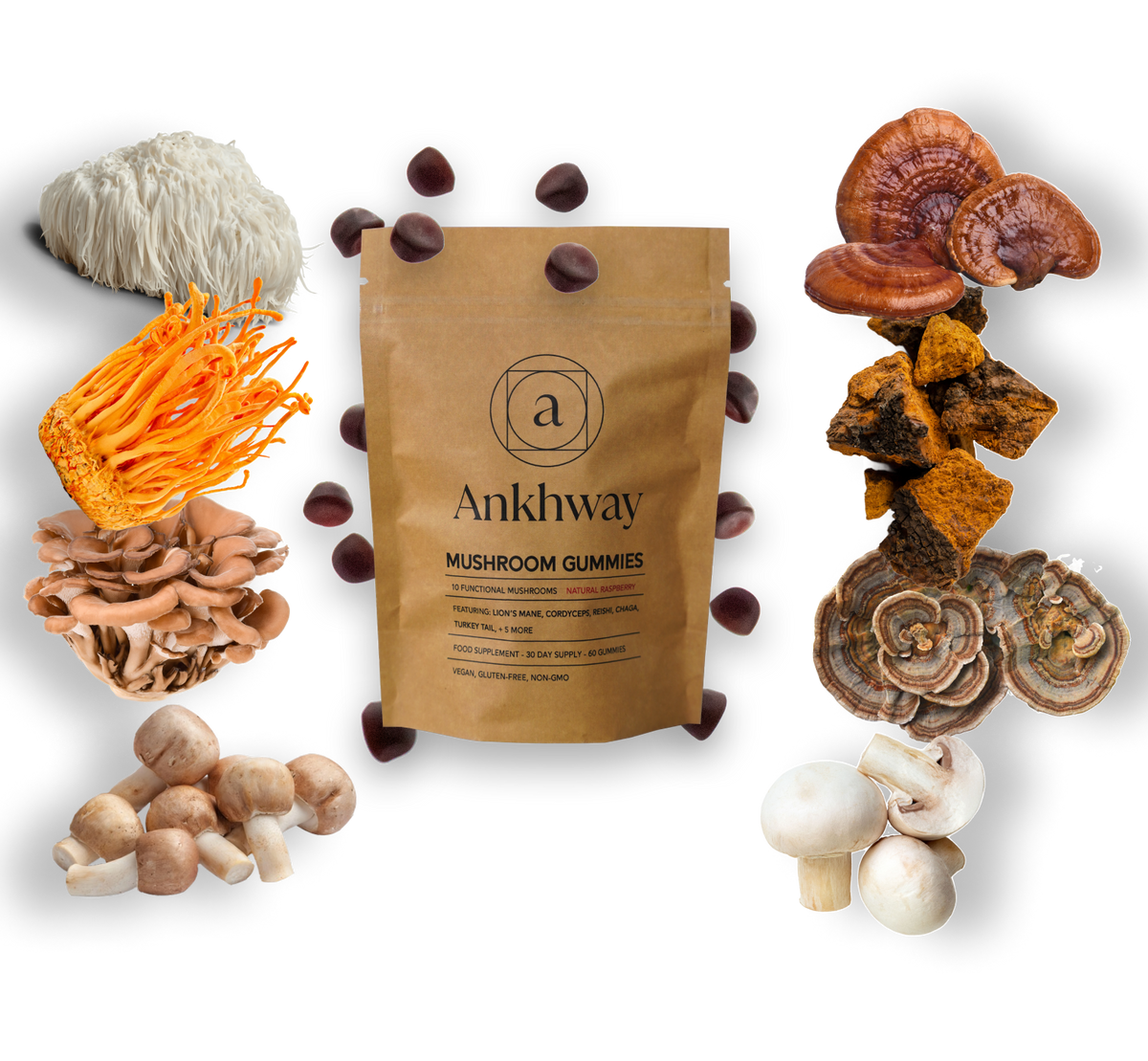 Brown bag of mushroom gummies surrounded by mushrooms
