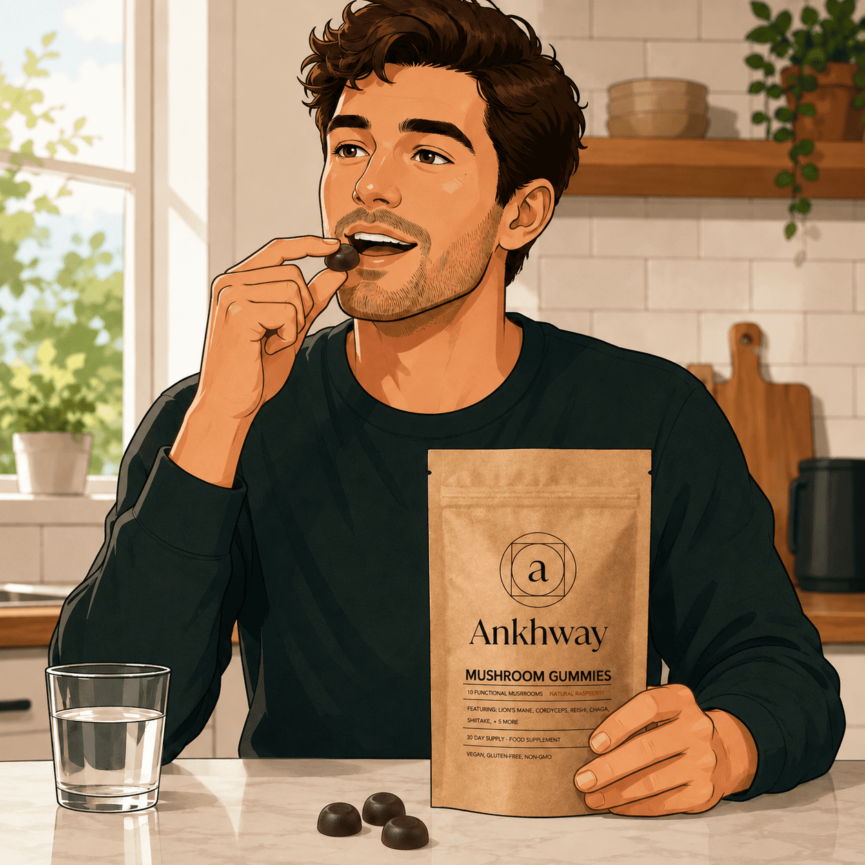 A simple sequence showing the same man taking Ankhway in three everyday locations: at home, at work and while travelling.