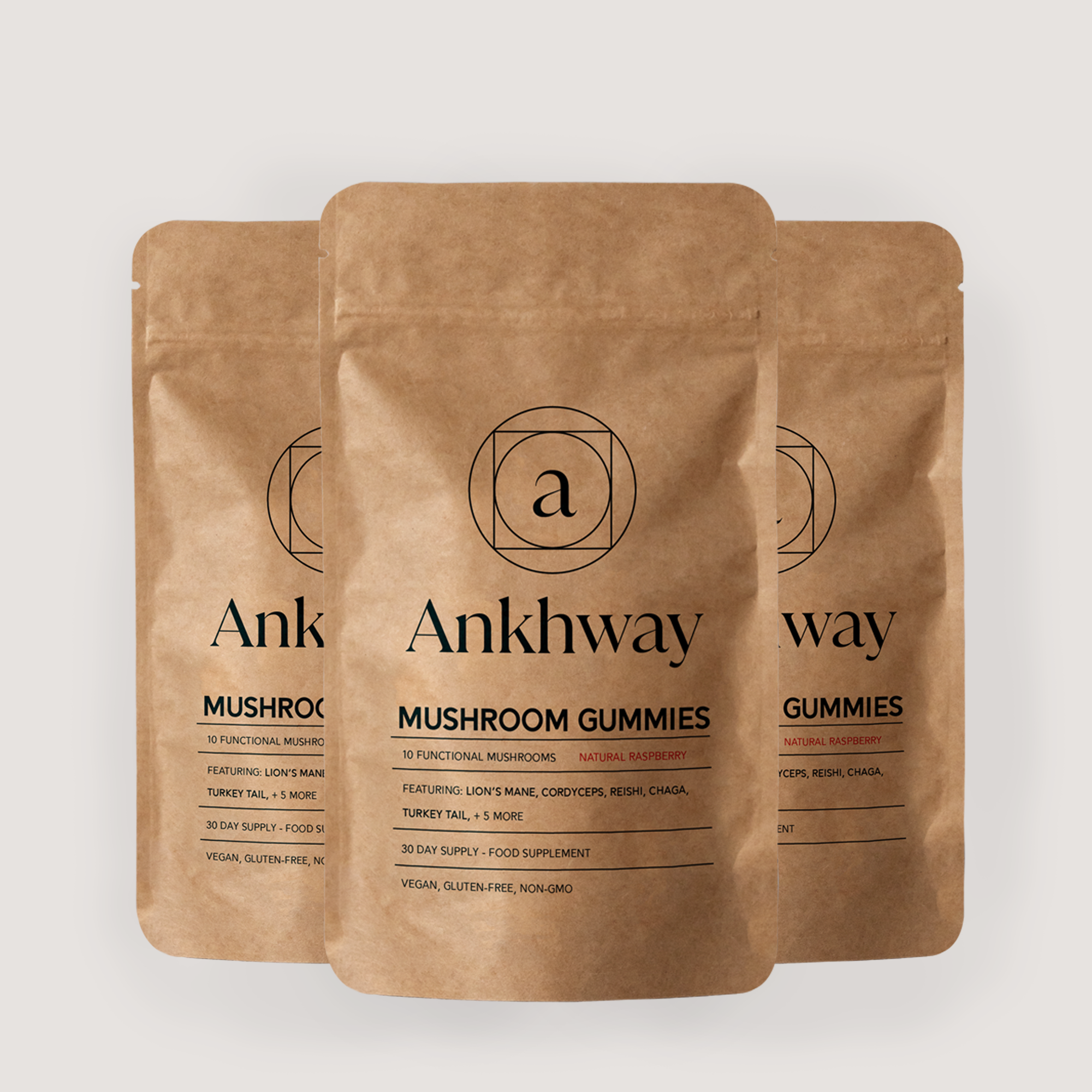 Three brown packages of Ankhway Mushroom Gummies with branding and product details.
