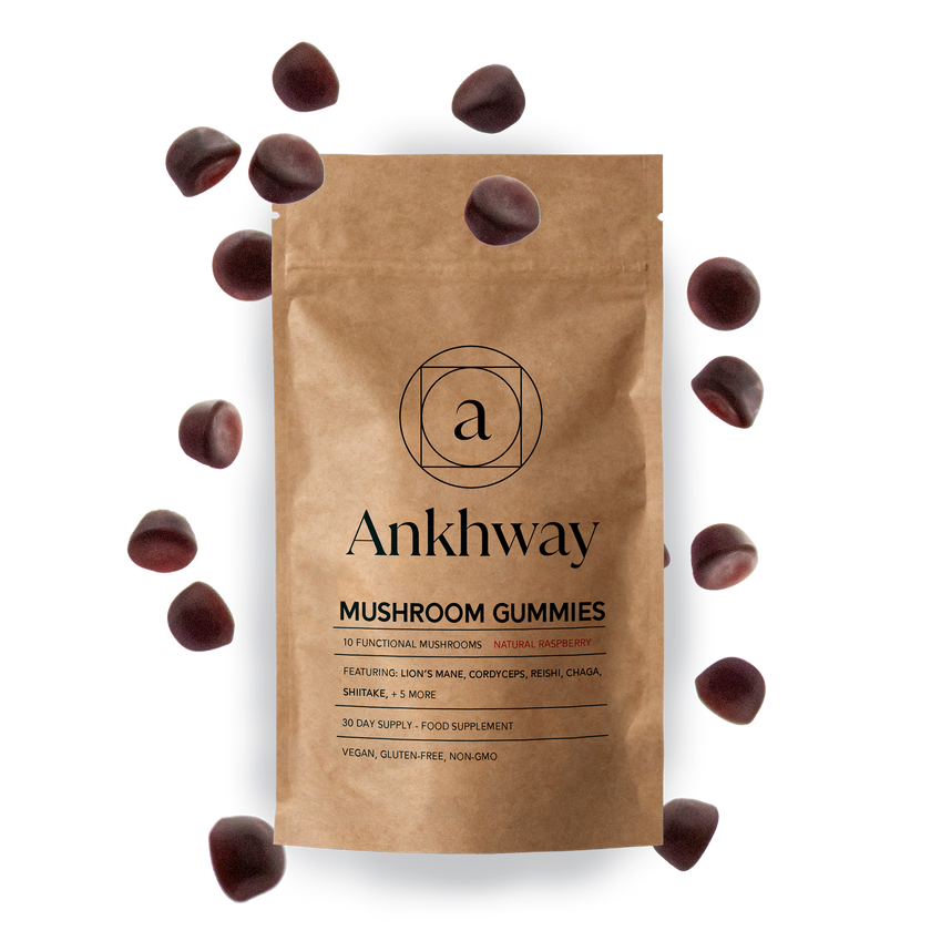 Brown package of Ankhway mushroom gummies surrounded by individual gummies.