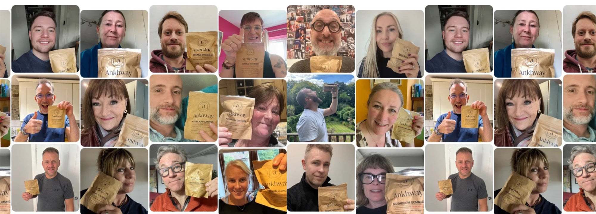 A wall of customer selfies holding Ankhway packs