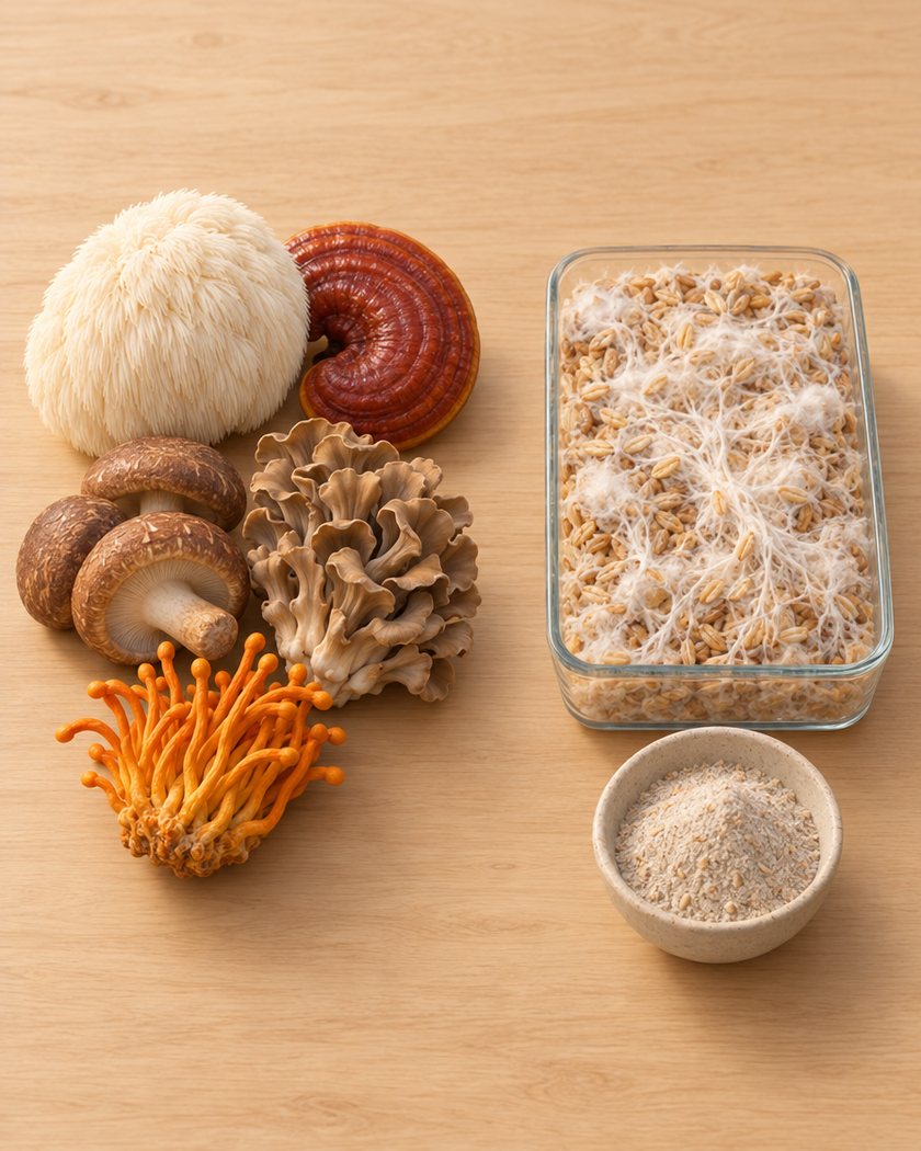 Whole mushrooms on the left, a tray of grain overgrown with mycelium on the right