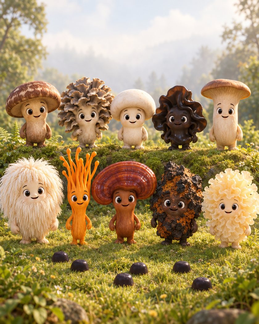 The ten mushrooms as illustrated characters in two rows in a sunlit clearing
