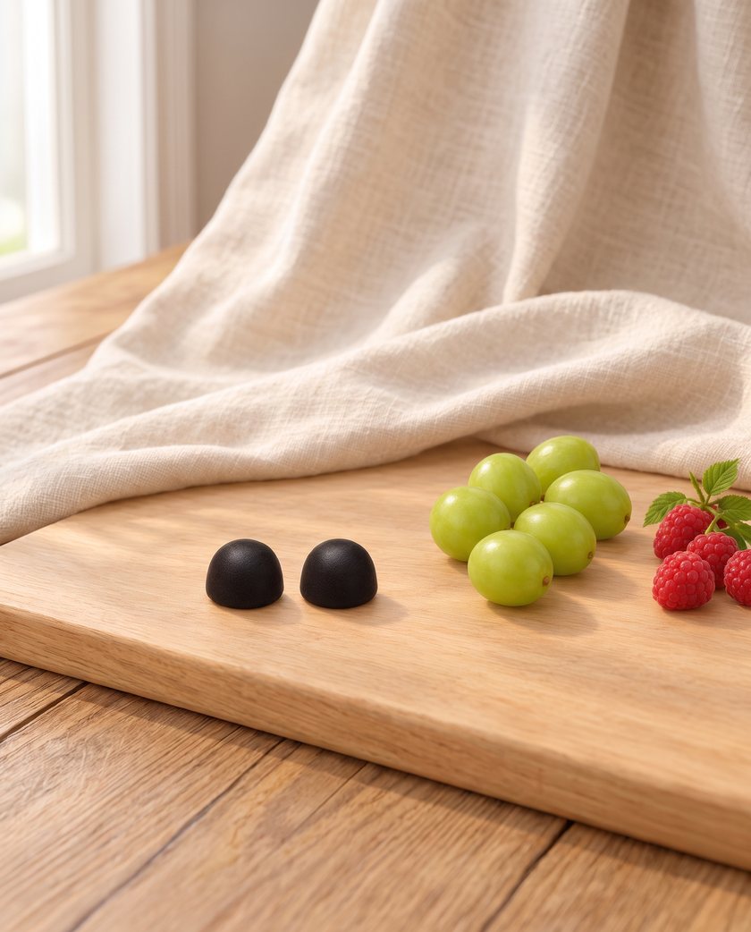 Two gummies beside six grapes on an oak board