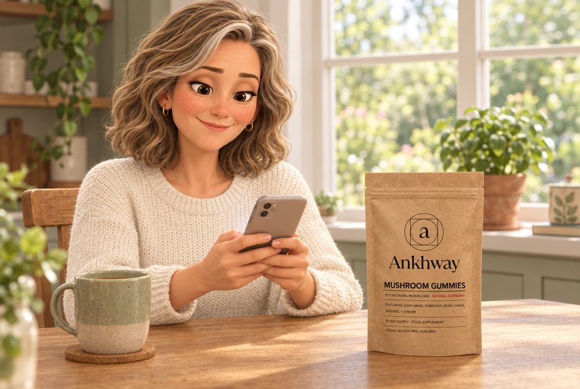 Jo at the kitchen table reading her phone, the Ankhway pack beside her