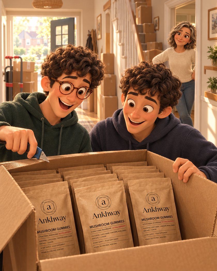 Two brothers in a family hallway opening a tower of delivery boxes full of Ankhway packs while their mum watches from the kitchen door