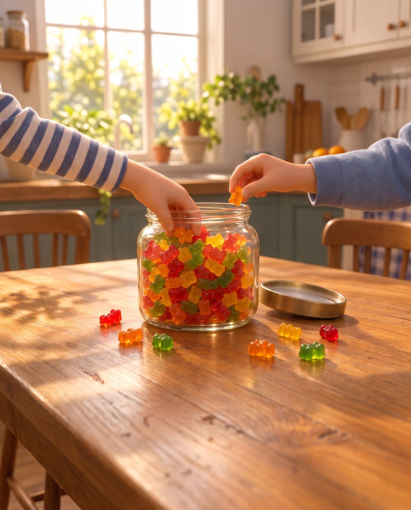 Two small hands sneaking gummy bears from a jar on a kitchen table
