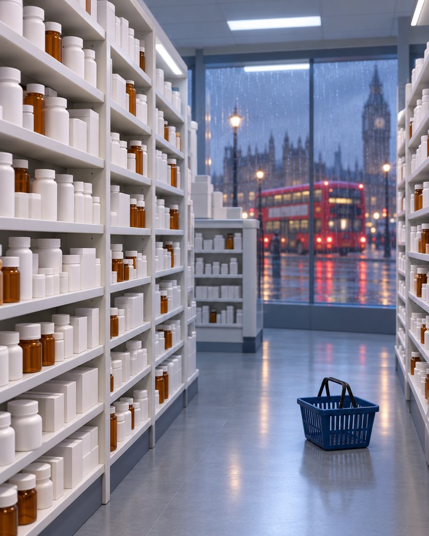 A pharmacy shelf crammed with blank pill bottles under cold light