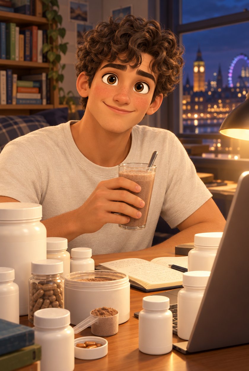 Tomas as a teenager at a cluttered desk at night, a glass of mushroom drink among capsule bottles and powder tubs